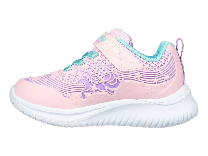 Tenis deportivos SKECHERS para Niña en color rosa con diseño de unicornio y suela blanca.