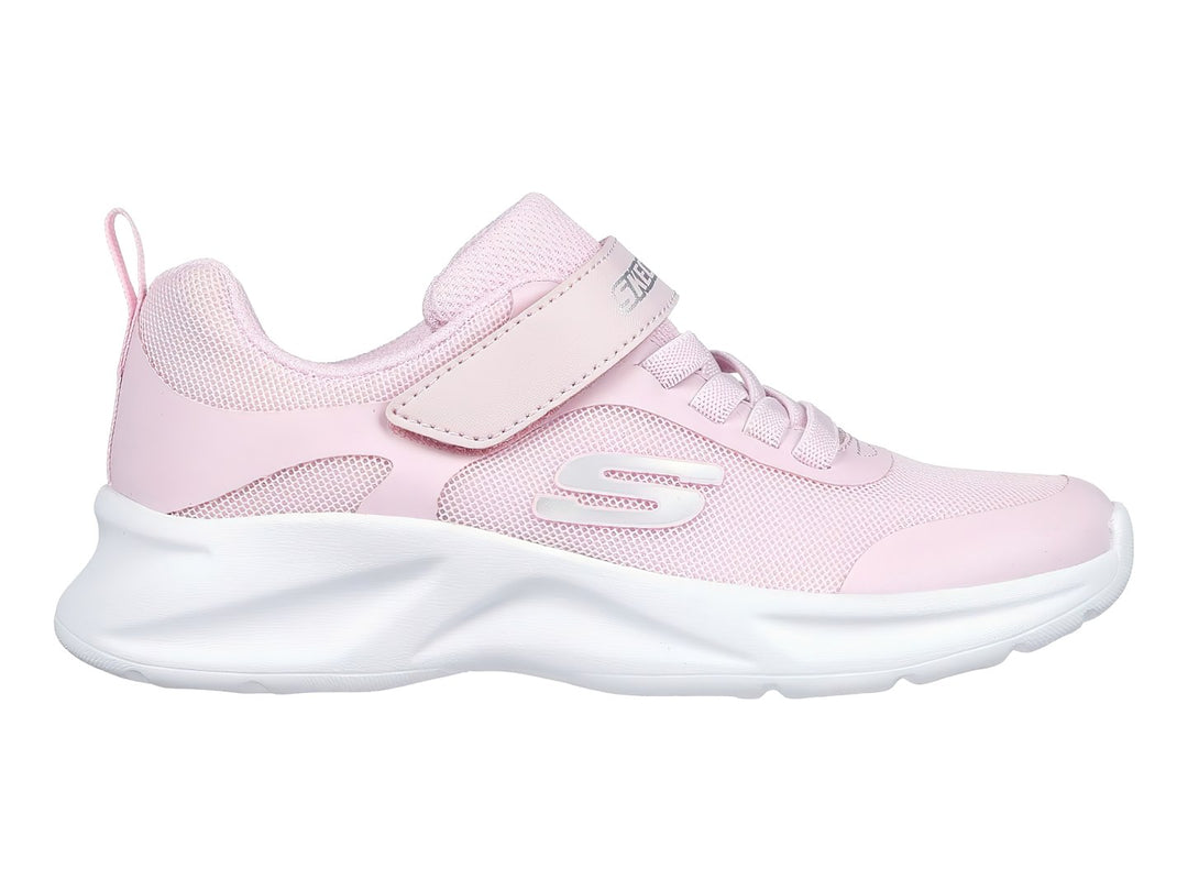 Tenis deportivos Skechers color rosa con suela blanca y correa de velcro para niña.