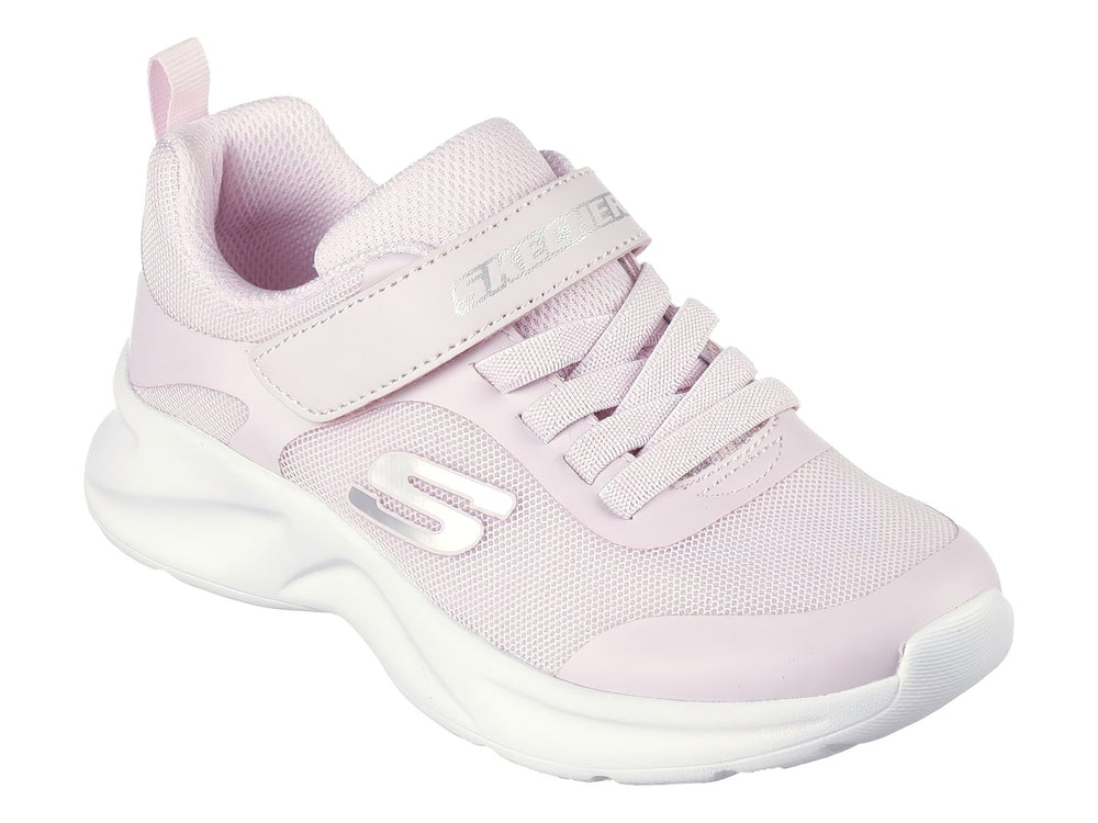 Tenis deportivos Skechers color rosa con suela blanca y correa de velcro para niña.