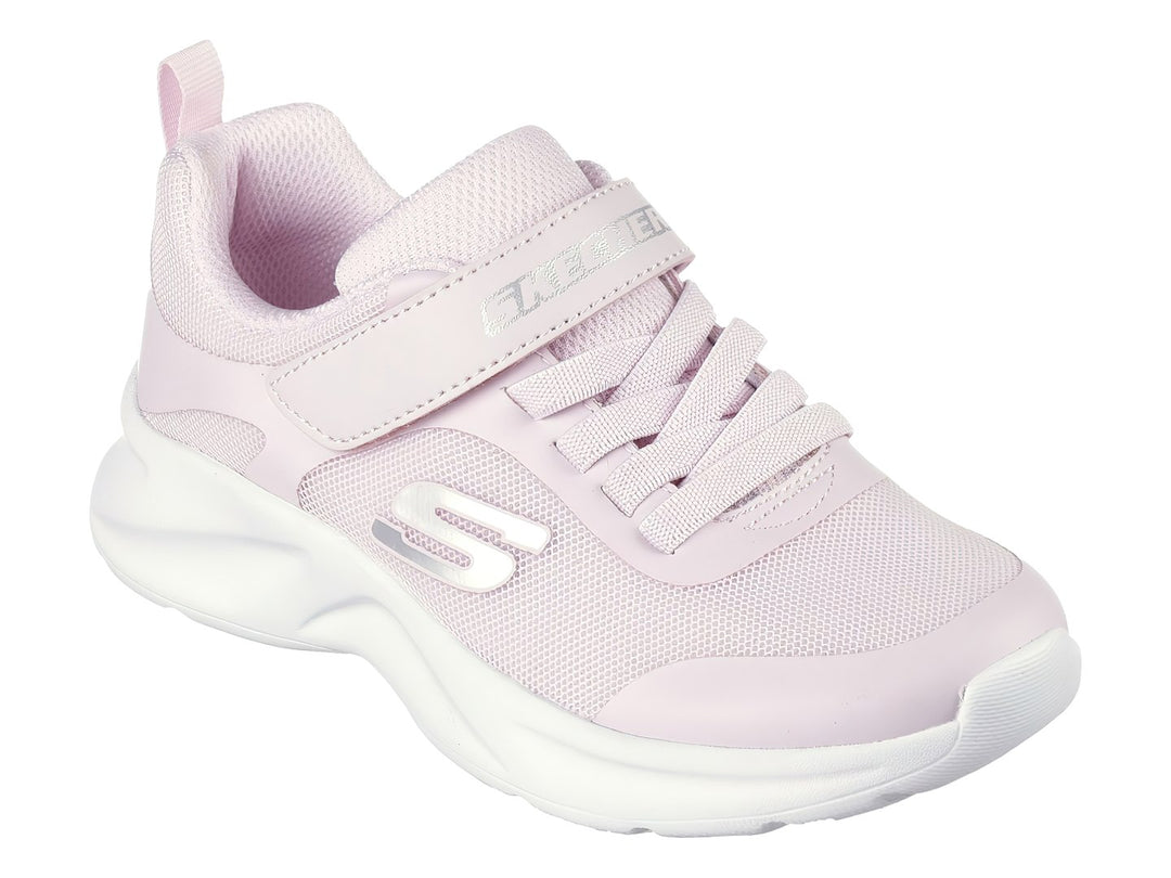 Tenis deportivos Skechers color rosa con suela blanca y correa de velcro para niña.
