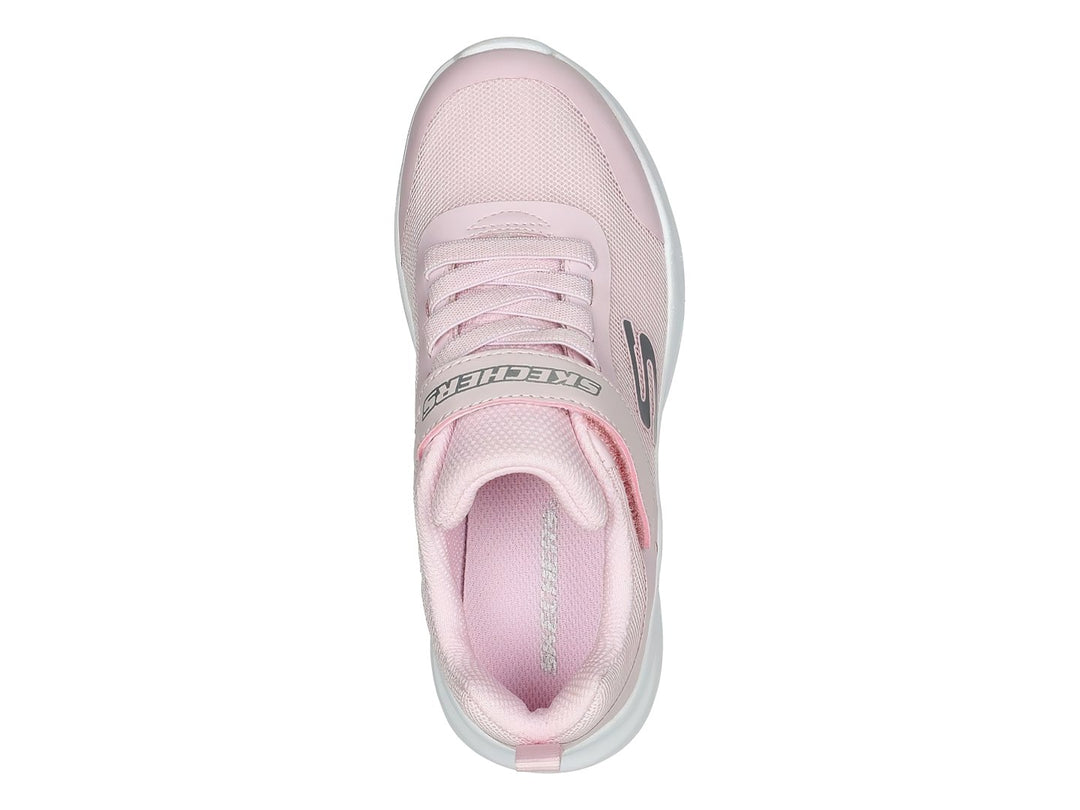 Tenis deportivos Skechers color rosa con suela blanca y correa de velcro para niña.