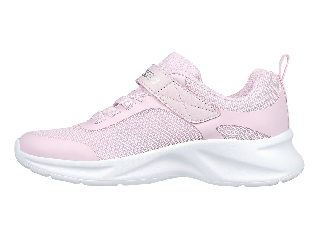 Tenis deportivos Skechers color rosa con suela blanca y correa de velcro para niña.