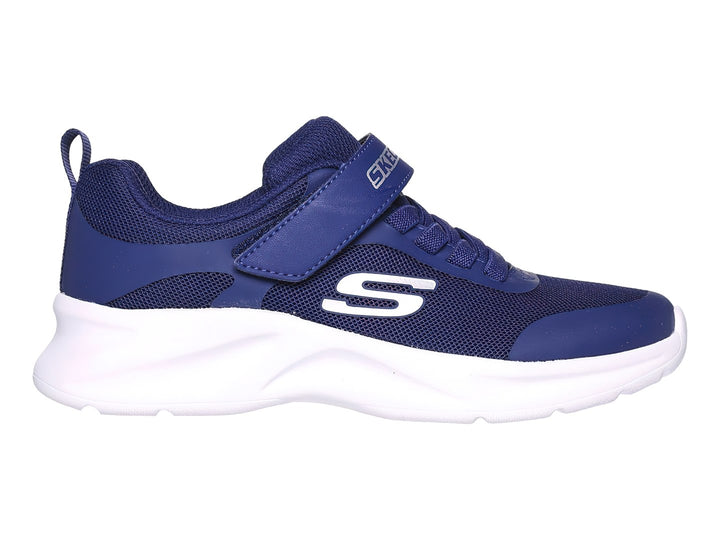 Tenis deportivos Skechers para niño en color azul marino con suela blanca y cierre de velcro.