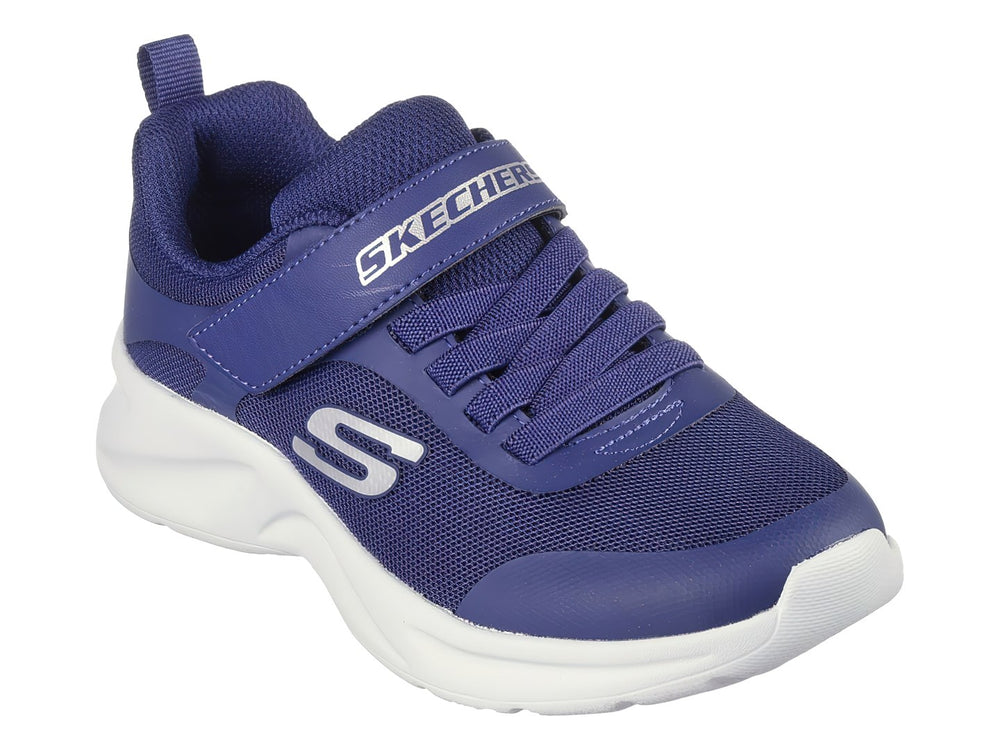 Tenis deportivos Skechers para niño en color azul marino con suela blanca y cierre de velcro.