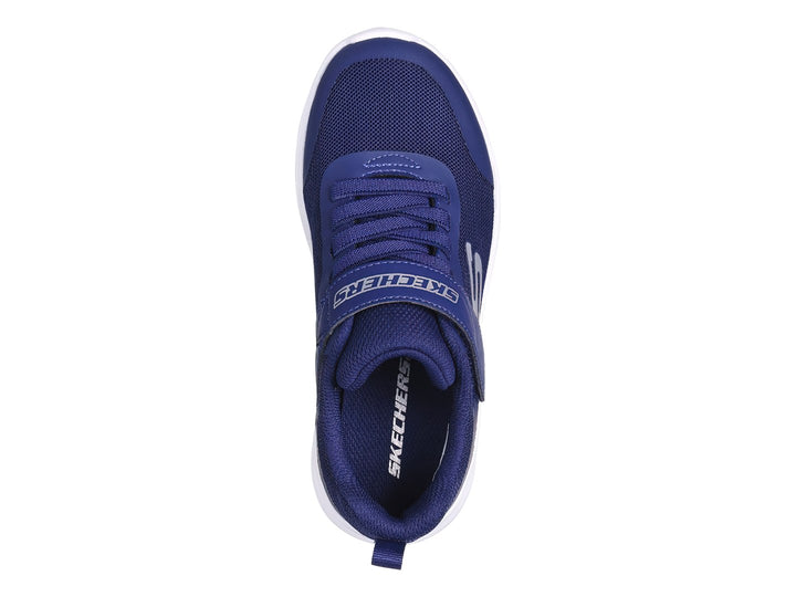 Tenis deportivos Skechers para niño en color azul marino con suela blanca y cierre de velcro.