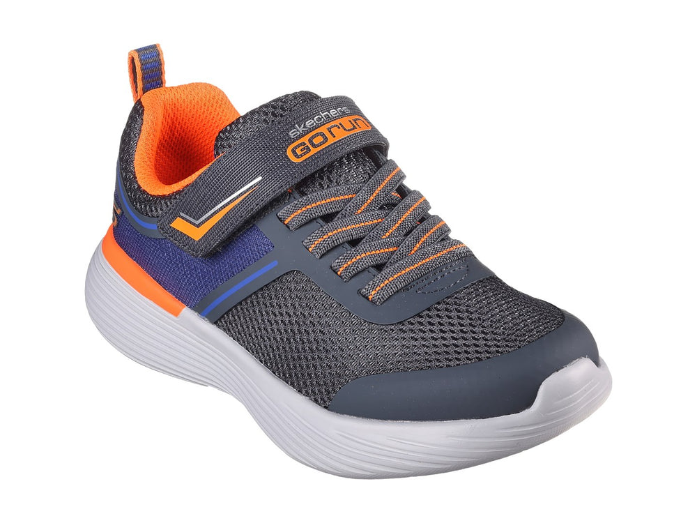 Tenis deportivos SKECHERS infantiles en color gris y azul con detalles naranjas y suela blanca.