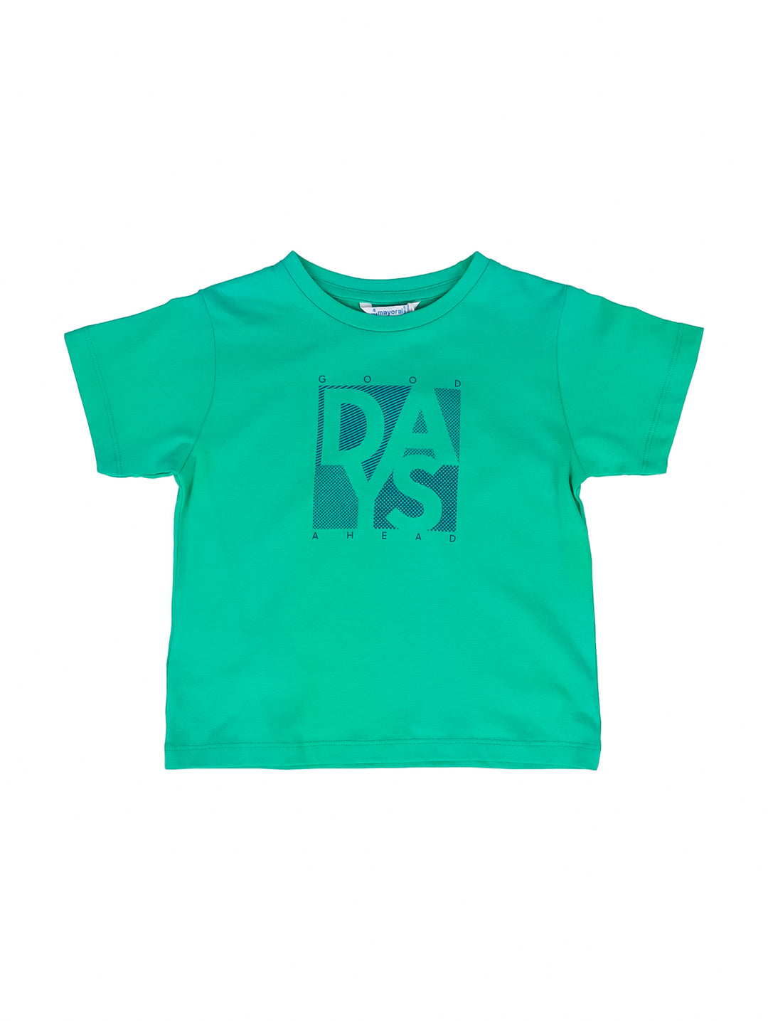 Camiseta verde de manga corta para niño con estampado gráfico frontal que dice GOOD DAYS AHEAD.