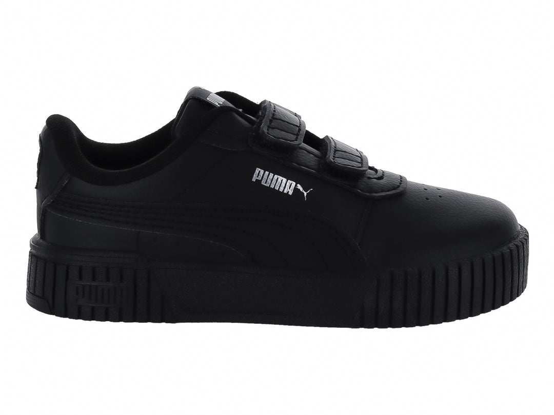 Tenis PUMA Carina 2.0 V infantiles en color negro con cierre de velcro y suela de plataforma.