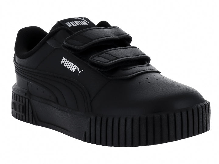 Tenis PUMA Carina 2.0 V infantiles en color negro con cierre de velcro y suela de plataforma.