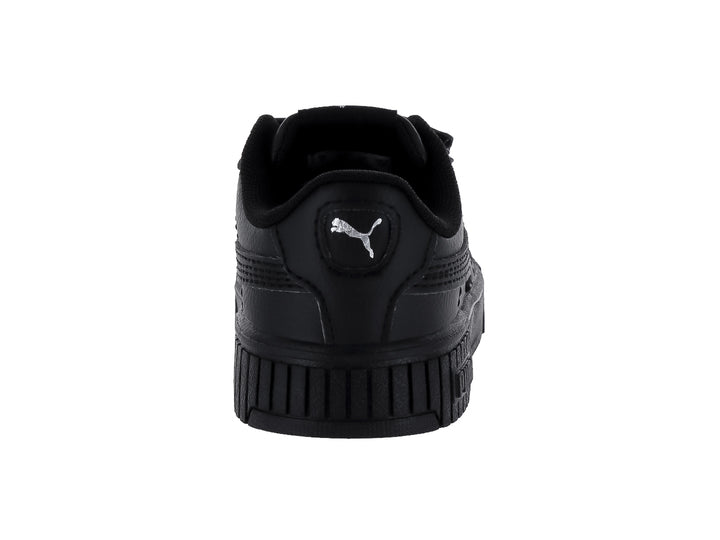 Tenis PUMA Carina 2.0 V infantiles en color negro con cierre de velcro y suela de plataforma.
