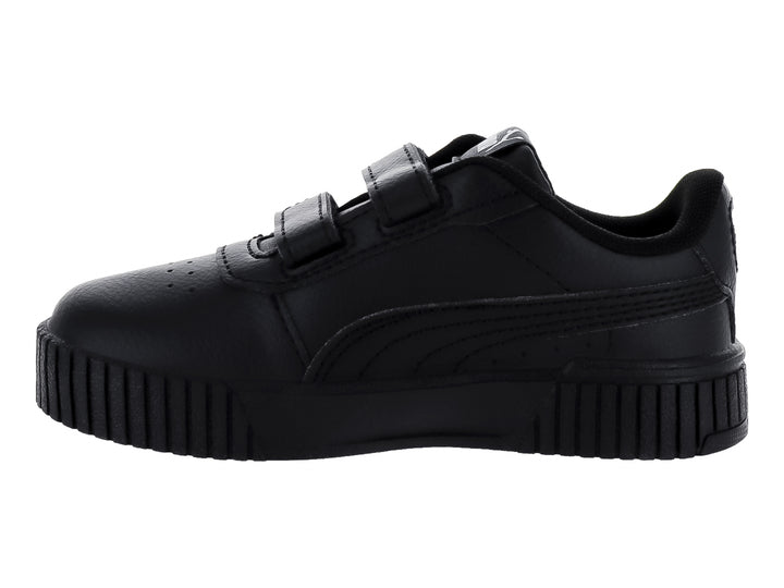 Tenis PUMA Carina 2.0 V infantiles en color negro con cierre de velcro y suela de plataforma.