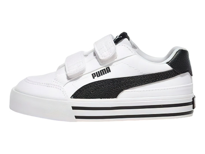 Tenis PUMA blancos para niño con cierres de velcro y detalles en negro en el talón y la suela.