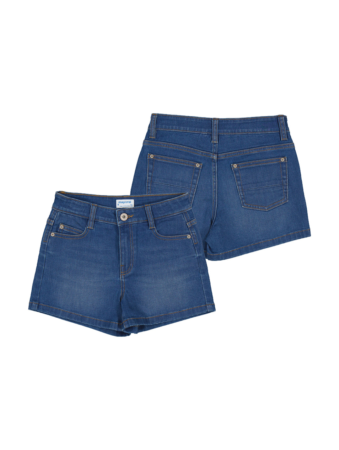 Shorts de mezclilla azul oscuro para niña, marca Mayoral, vistas frontal y trasera.