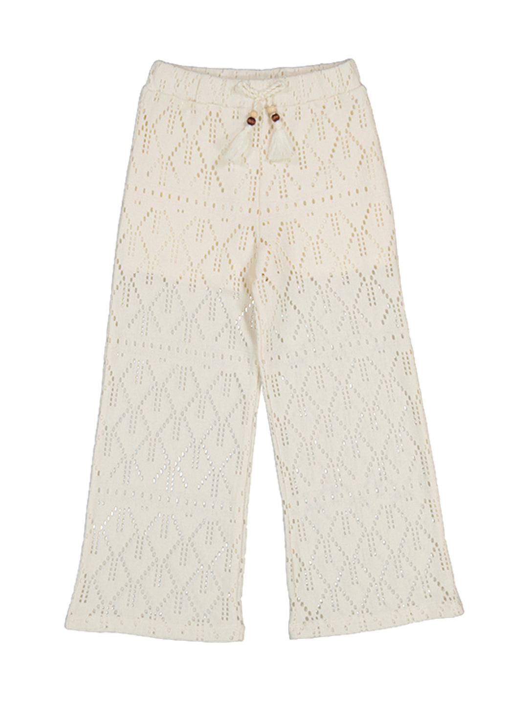 Pantalón beige para niña con tejido calado en forma de diamantes y cintura ajustable con cordón.