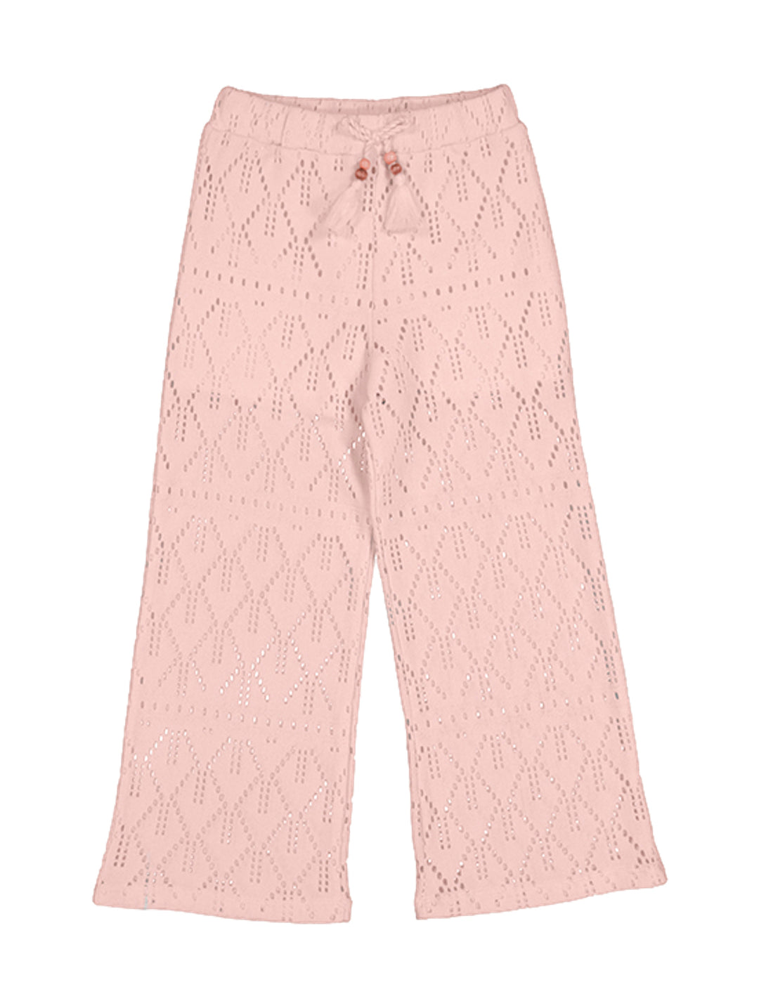 Pantalón rosa para niña con diseño calado geométrico y cintura ajustable con cordón.