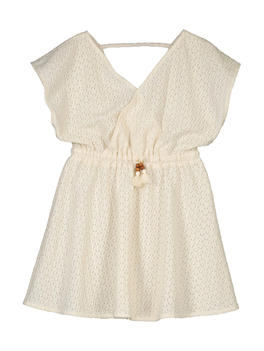 Vestido corto para niña color beige con tejido calado y detalle de borla en la cintura.