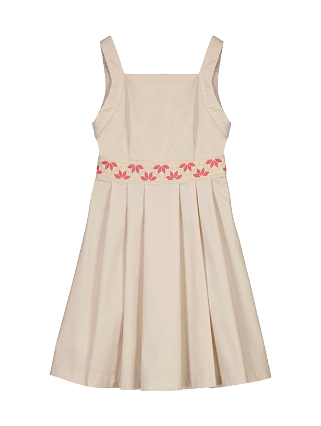 Vestido color sepia para niña con bordado floral rosa en la cintura.