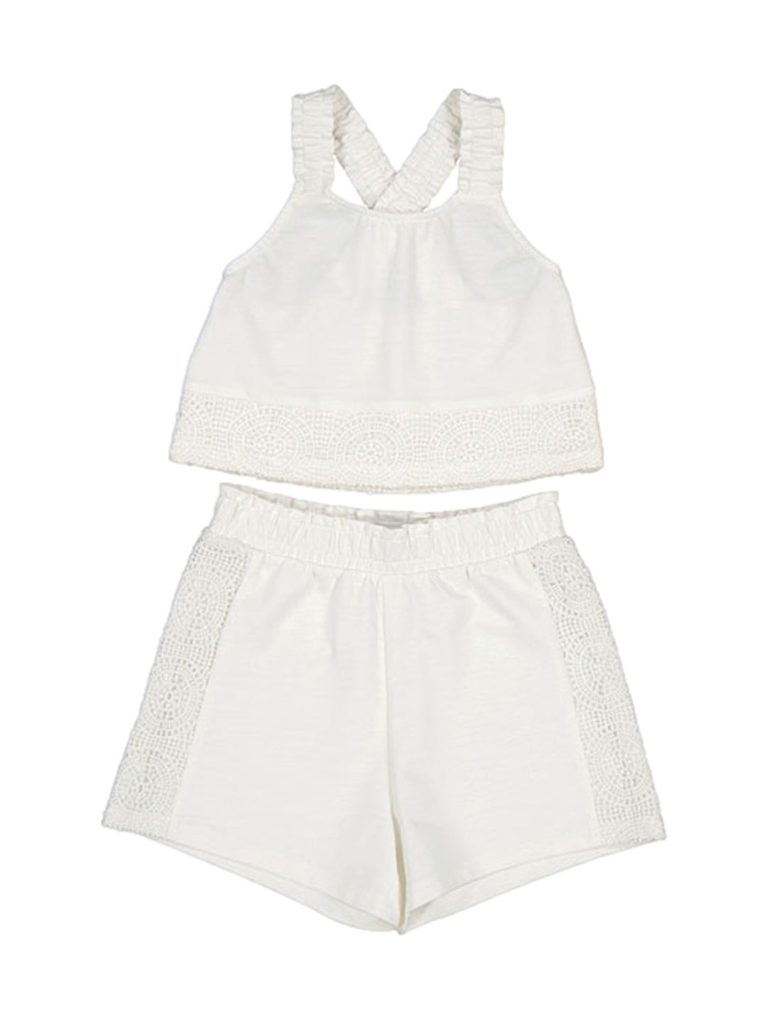 Conjunto de ropa para niña color crudo con top y short con detalles de encaje.