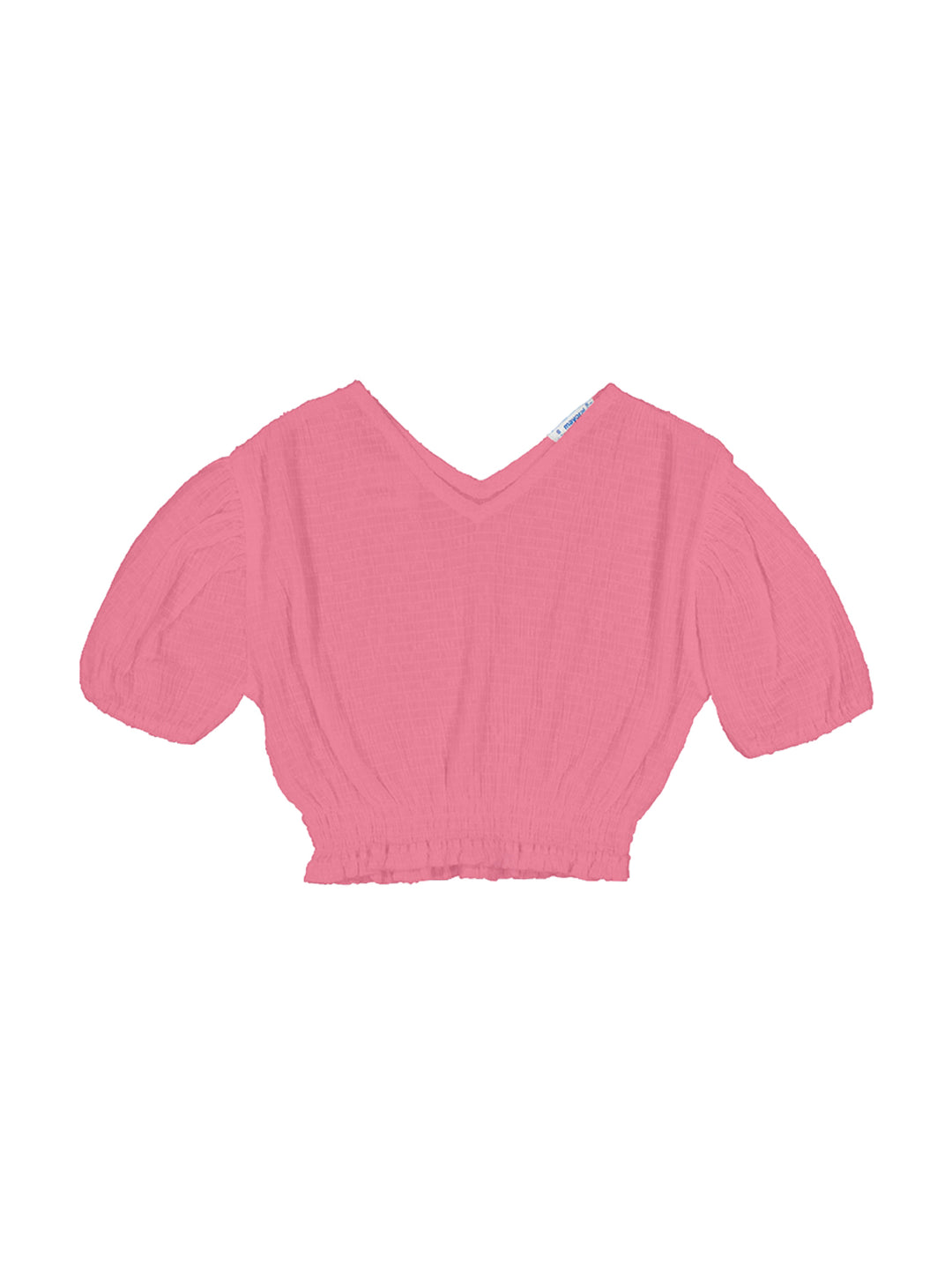 Blusón corto de color rosa con cuello en V, mangas abullonadas y cintura elástica para niña.