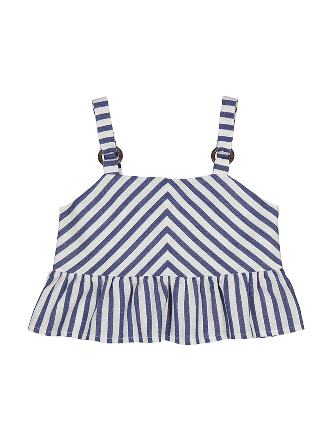 Blusa para niña a rayas azules y blancas con tirantes y volante en el bajo.