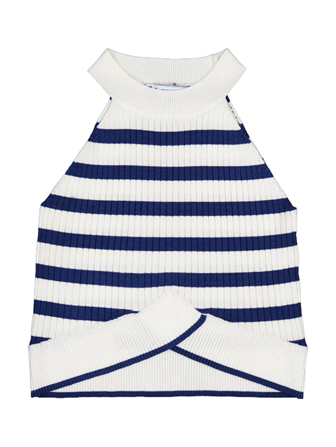 Top de tricot para niña con cuello alto y rayas horizontales en colores blanco y azul cobalto.