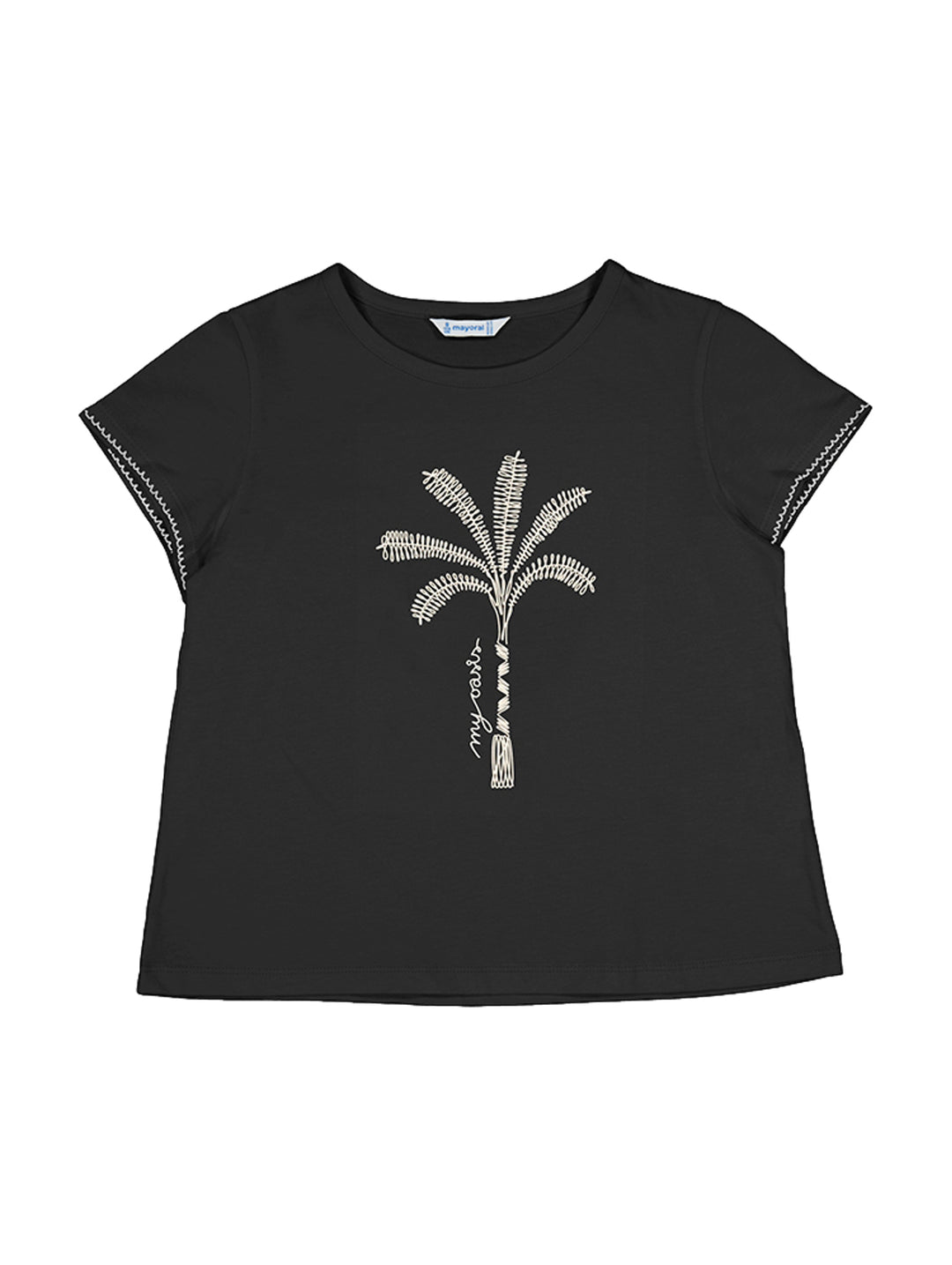 Camiseta negra para niña con un gráfico de palmera en color beige en la parte frontal.