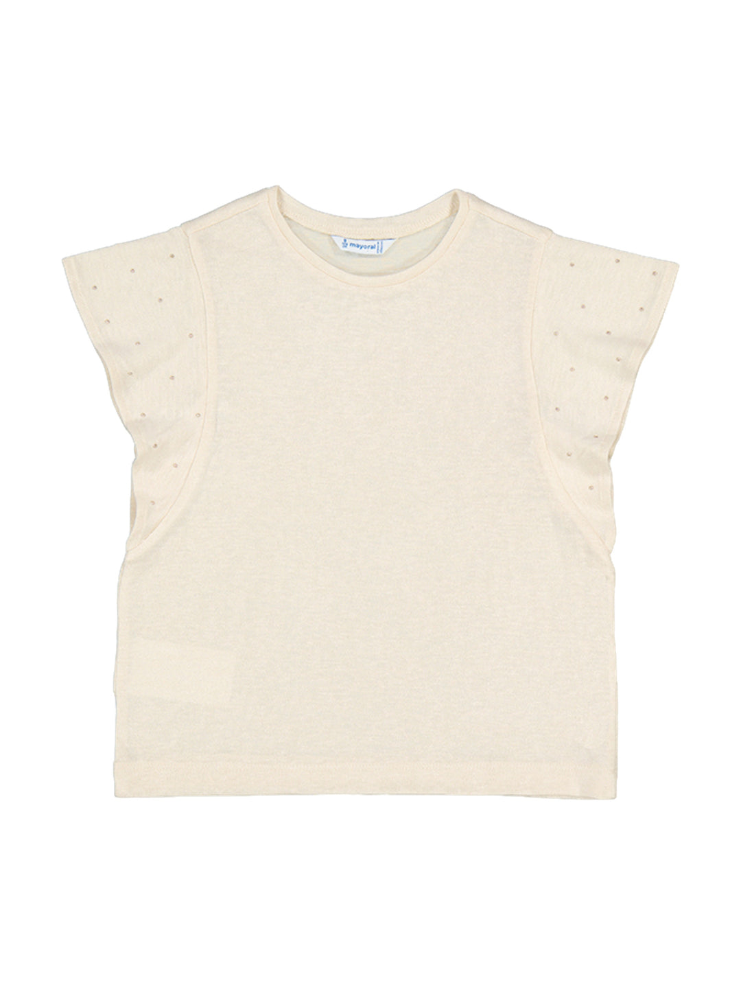 Camiseta color almendra con mangas volantes y detalles de tachuelas.