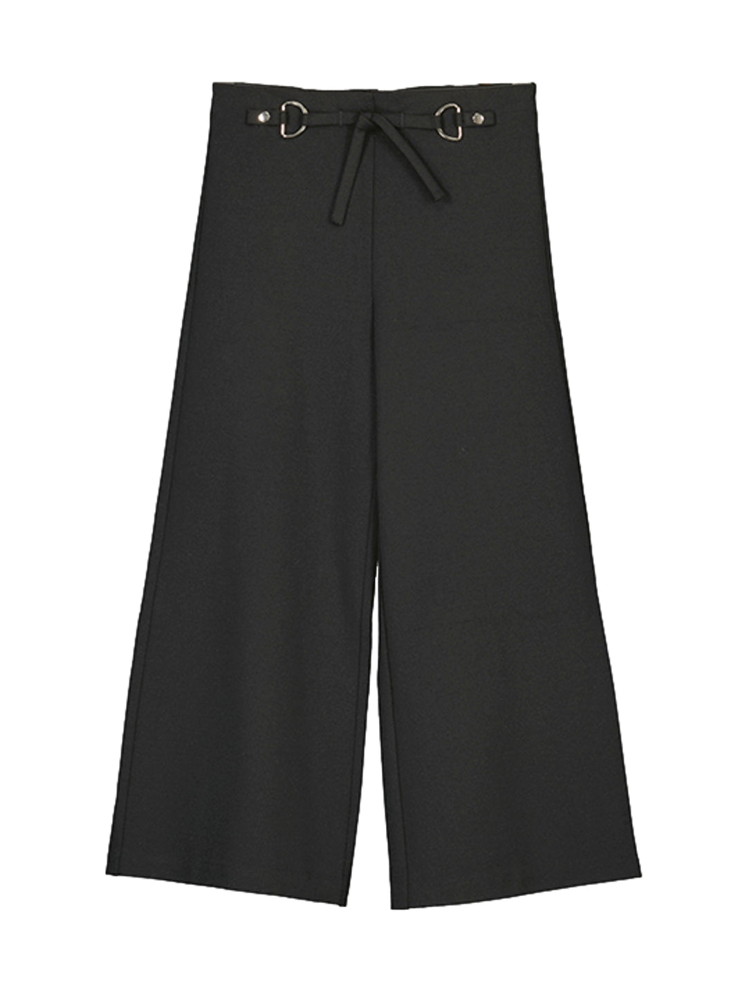 Pantalón cropped negro para niña con pierna ancha y cinturón ajustable con herrajes metálicos.