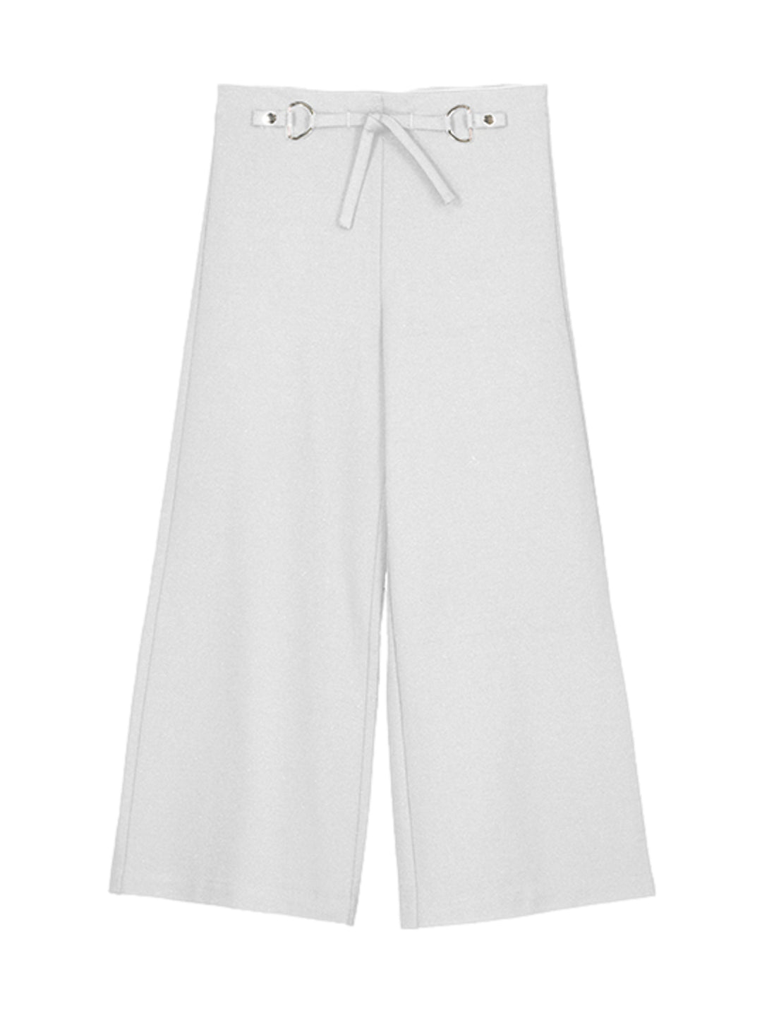 Pantalón cropped color crudo para niña con cintura ajustable y pierna ancha.