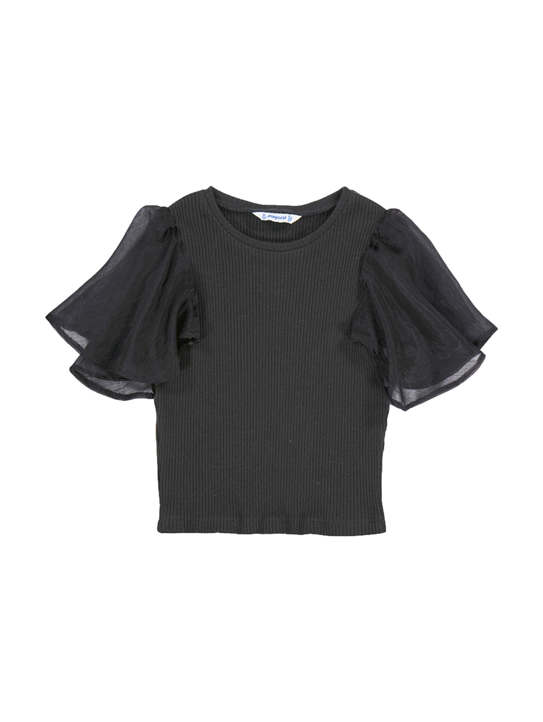 Camiseta negra para niña con mangas abullonadas y cuerpo de tela acanalada.