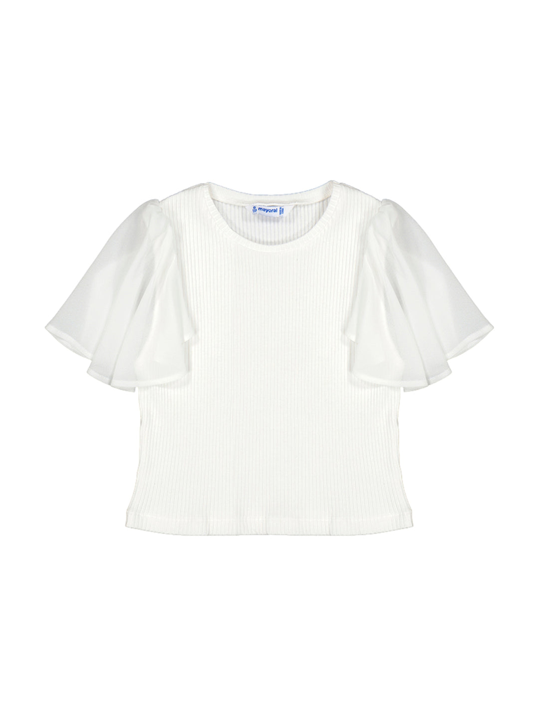 Camiseta color crudo para niña con cuello redondo y mangas cortas voluminosas y transparentes.