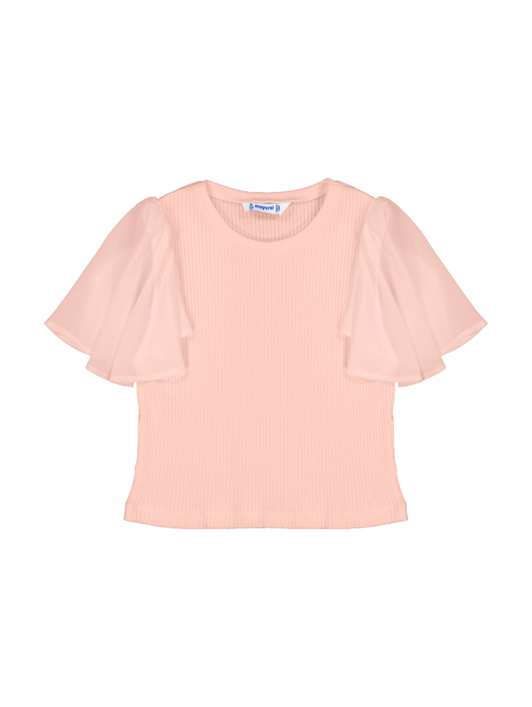 Camiseta rosa para niña con mangas estilo tulipán y cuerpo acanalado.