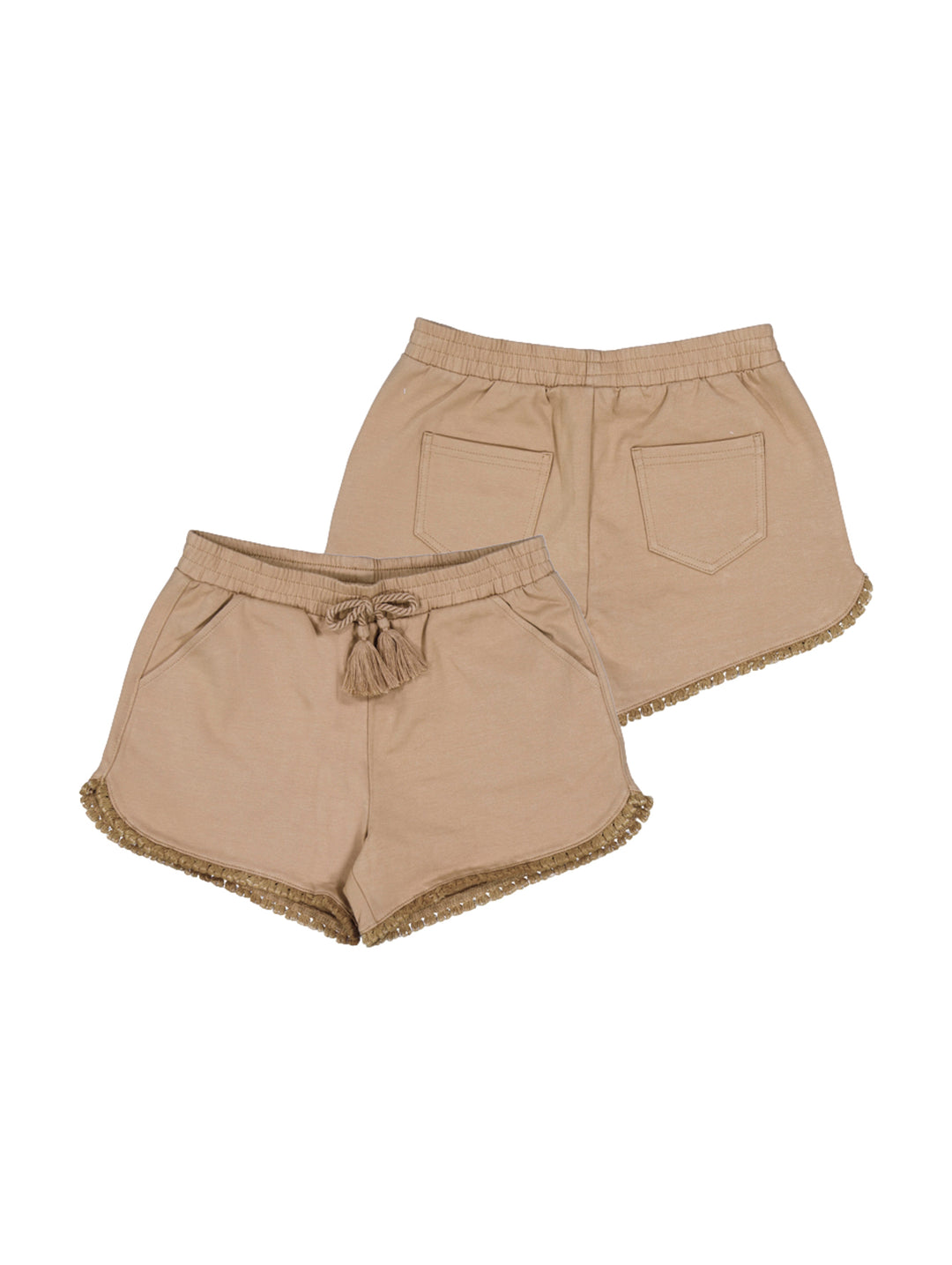 Shorts de felpa color canela para niña con detalles de pompones en el borde inferior.