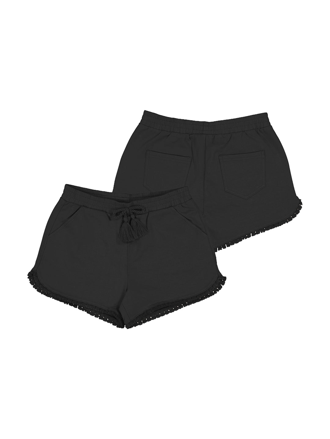 Shorts negros básicos para niña con cintura elástica y detalle ondulado en el borde.