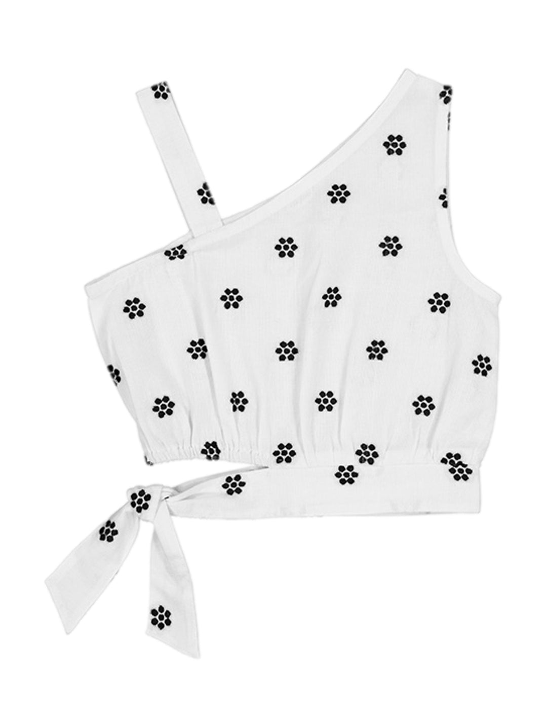 Top color crudo para niña con un solo hombro, estampado floral negro y lazo ajustable en la cintura.