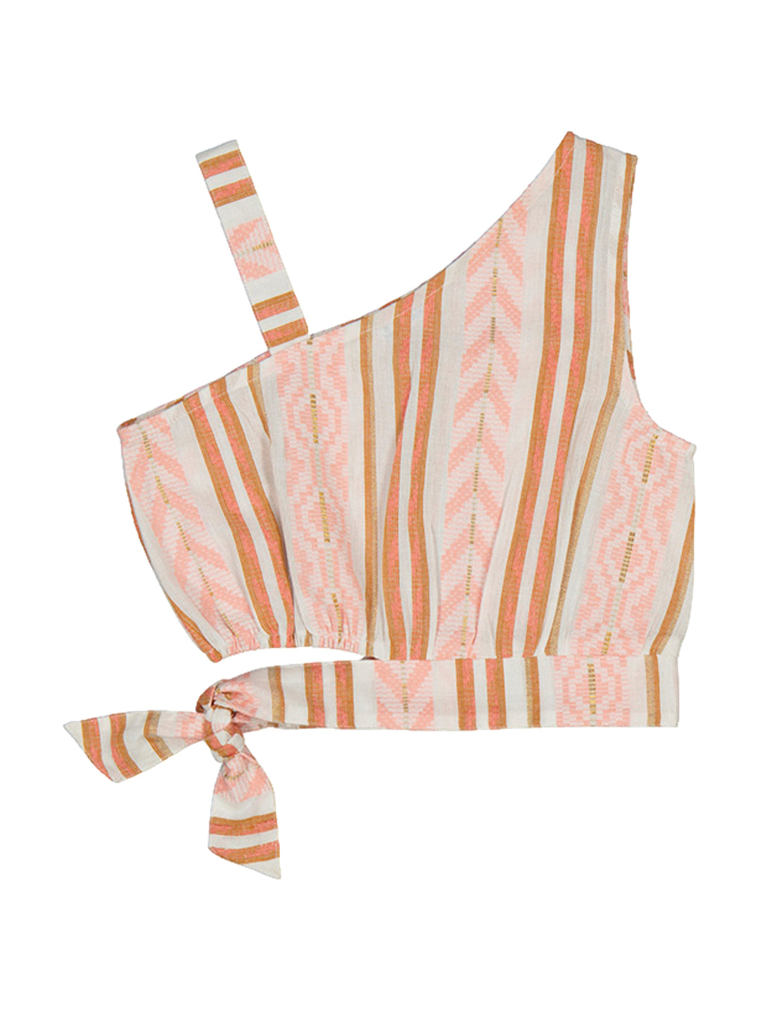 Top asimétrico para niña con rayas verticales en blanco, flamingo y naranja, con detalle de nudo en la cintura.