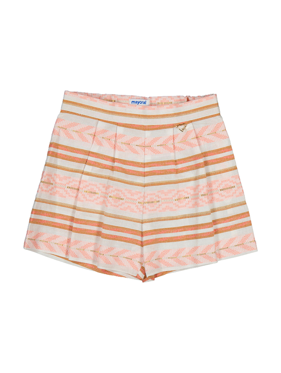 Short para niña Mayoral con estampado de rayas horizontales en colores blanco y naranja flamingo.