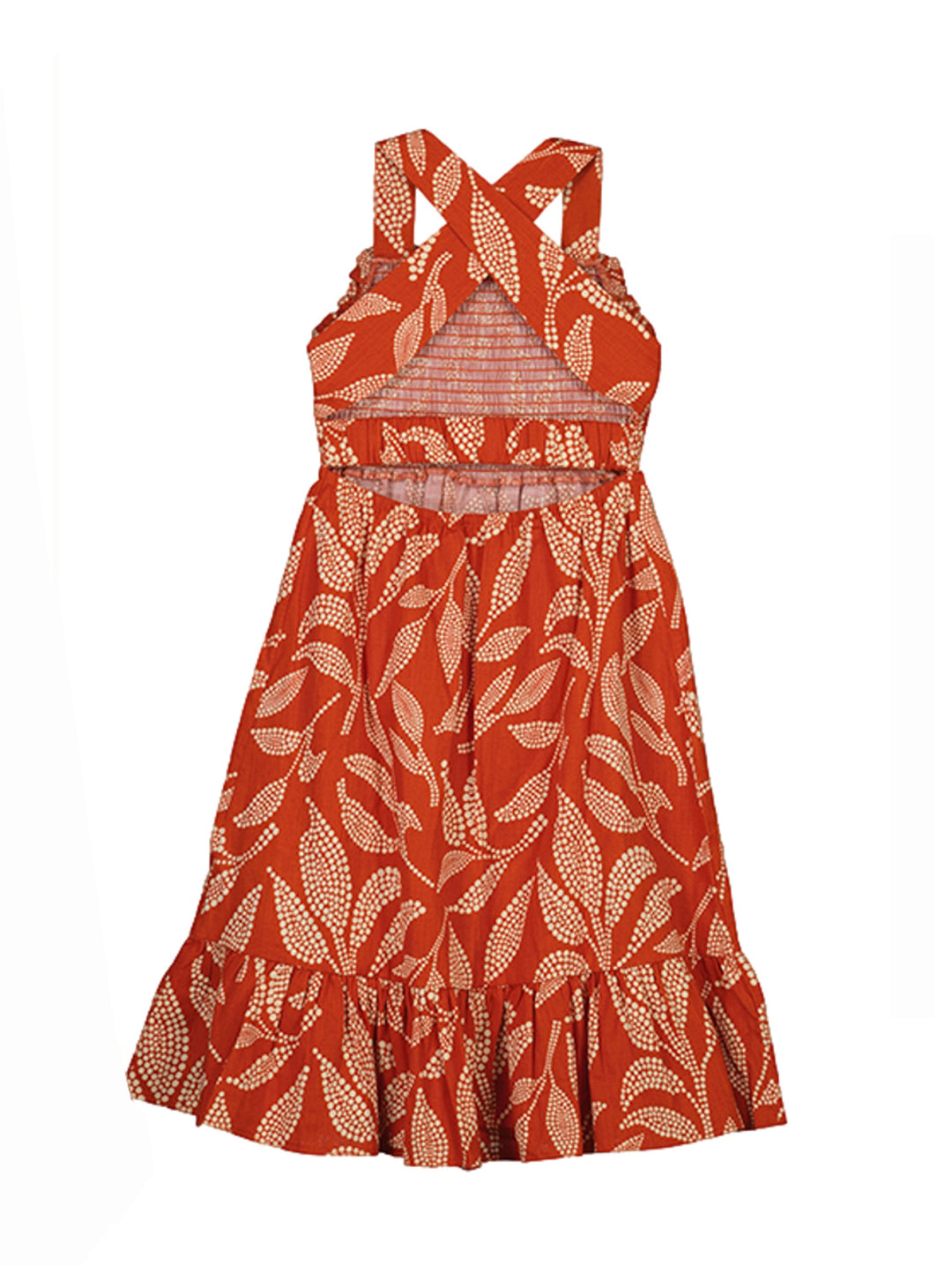 Vestido midi color teja con estampado blanco, tirantes cruzados y detalle de volante en el ruedo para niña.