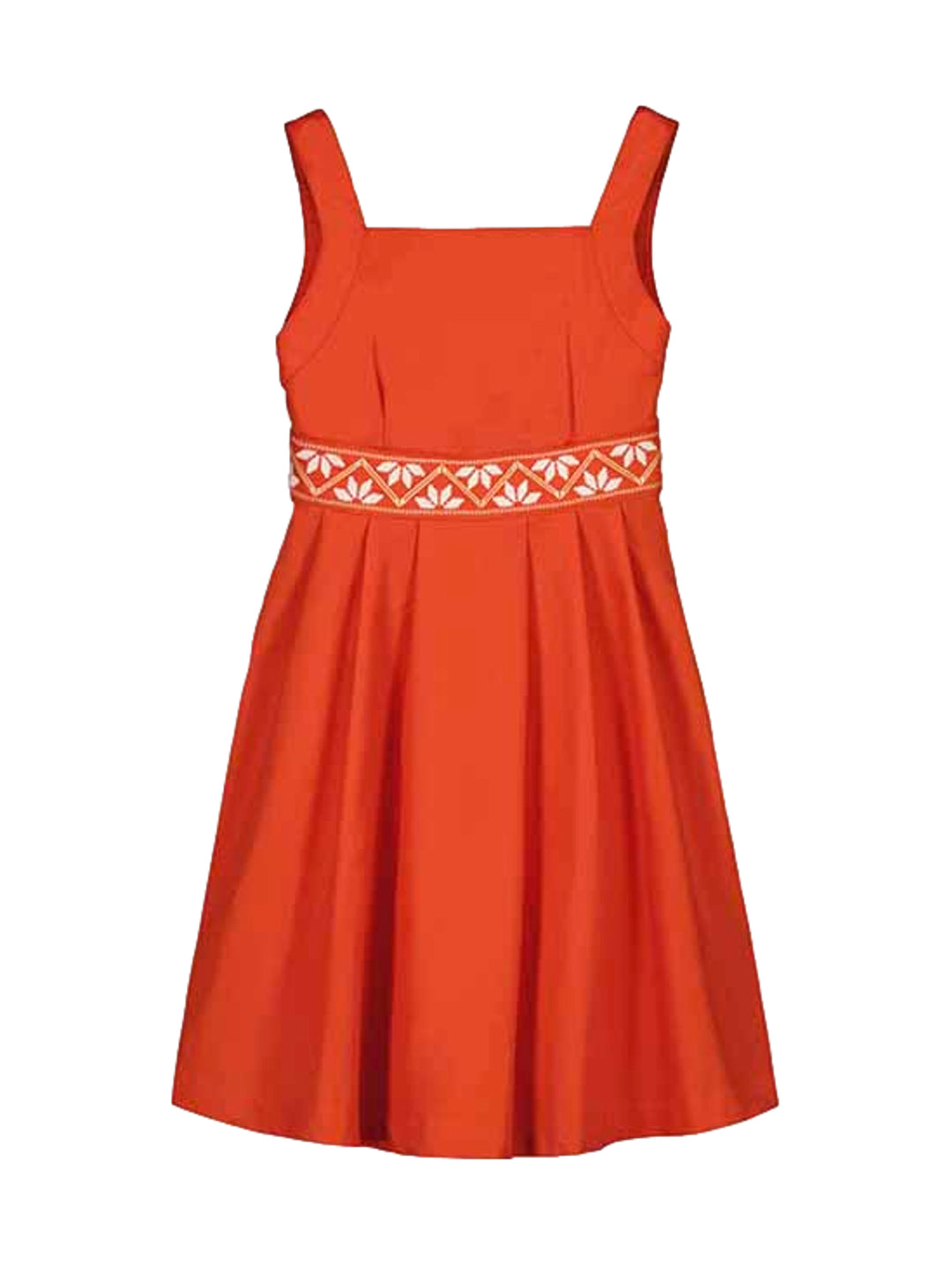 Vestido color teja para niña con detalle bordado blanco en la cintura y falda acampanada.