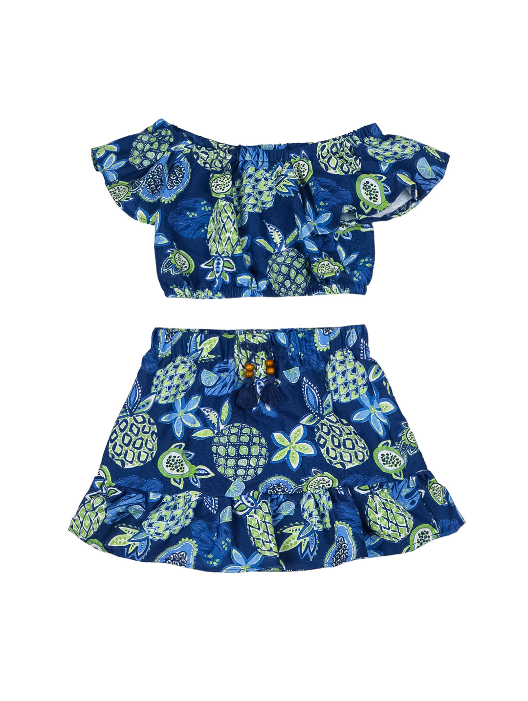 Conjunto de ropa para niña con top y falda en color azul con estampado tropical verde.