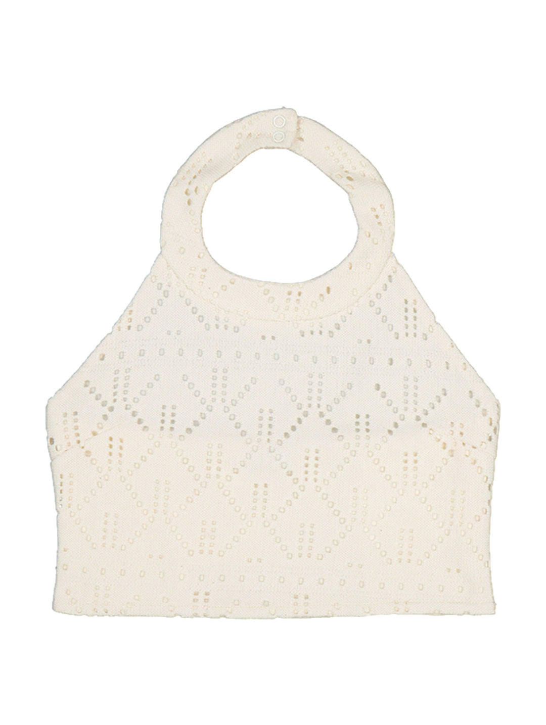 Top color beige para niña con cuello halter y diseño calado.