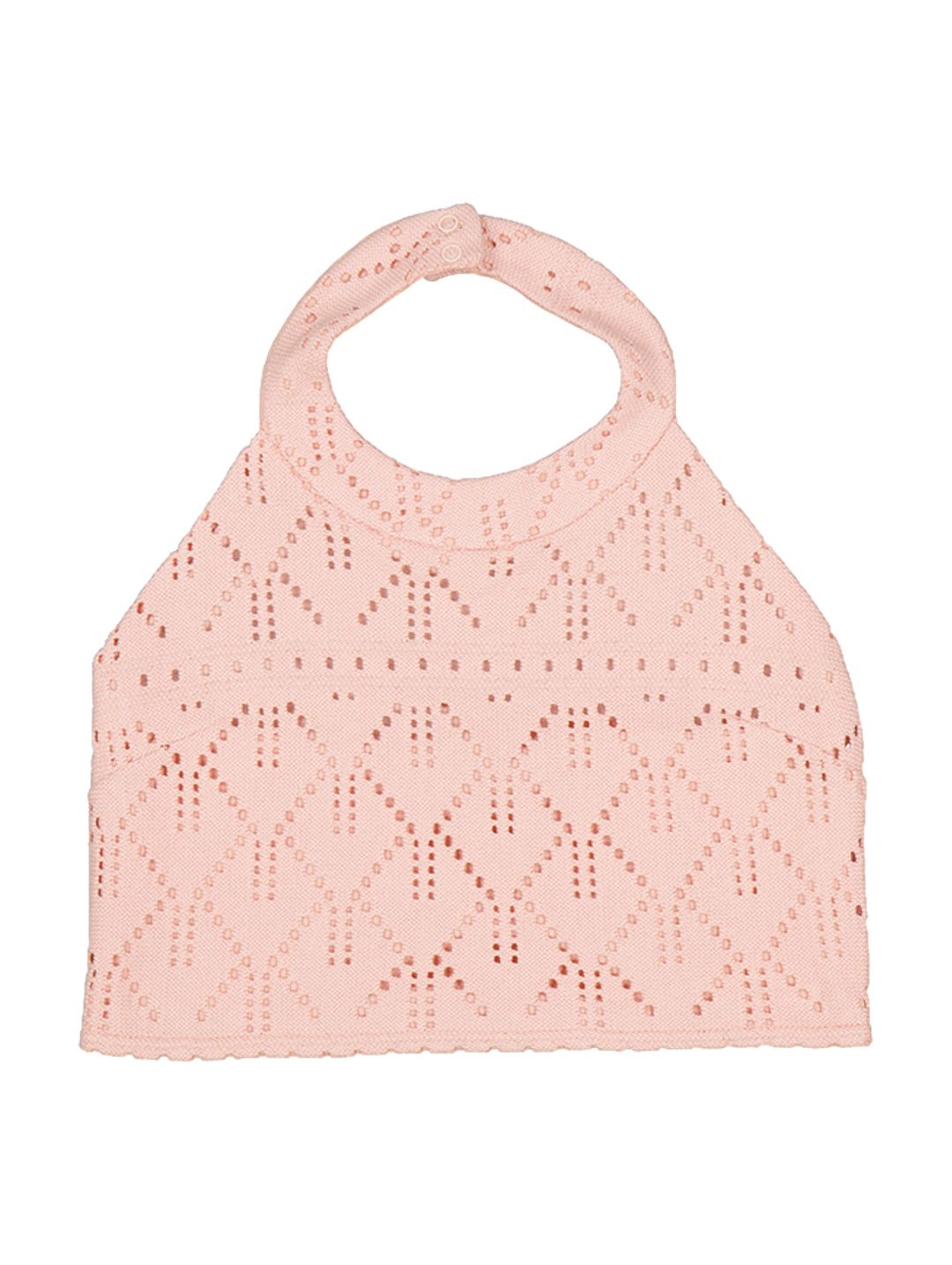 Top halter color rosa con diseño de tejido calado para niña.
