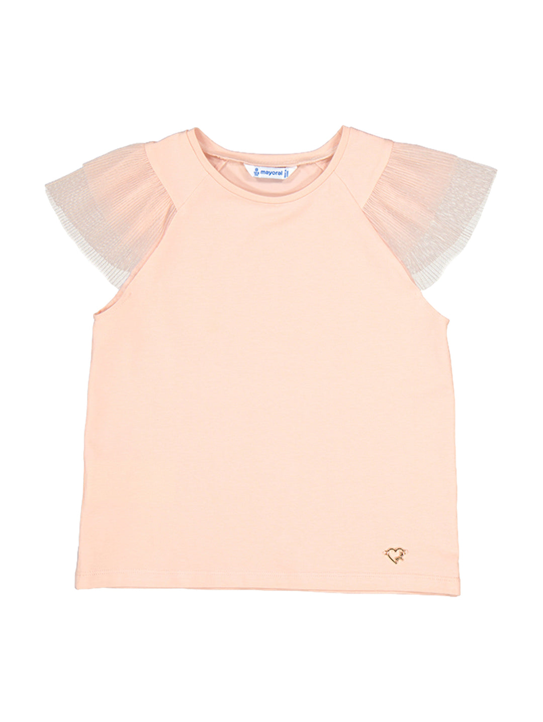 Camiseta color rosa tulipán para niña con mangas cortas de tul blanco y un pequeño detalle de corazón dorado.