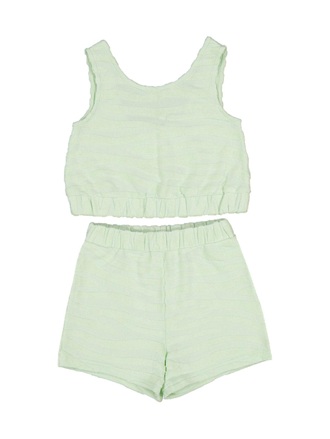 Conjunto de ropa para niña en color verde wasabi, incluye top sin mangas y short.