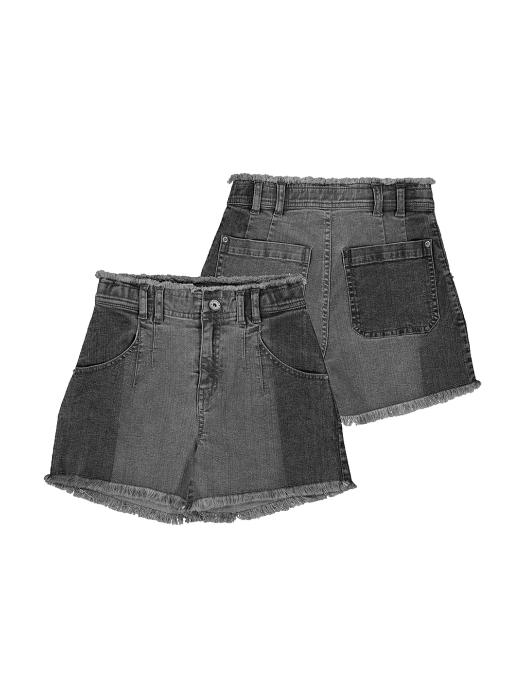 Shorts cortos de mezclilla color negro para niña con bordes deshilachados.