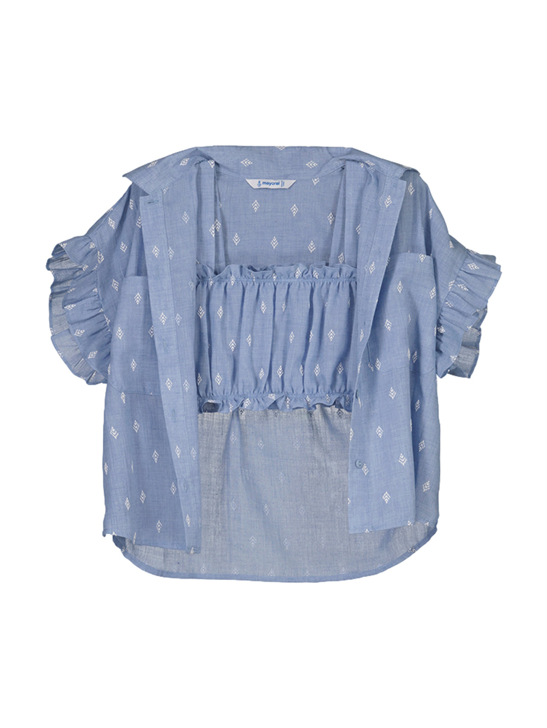 Blusa para niña color lavanda con estampado blanco y detalles de volantes en las mangas.