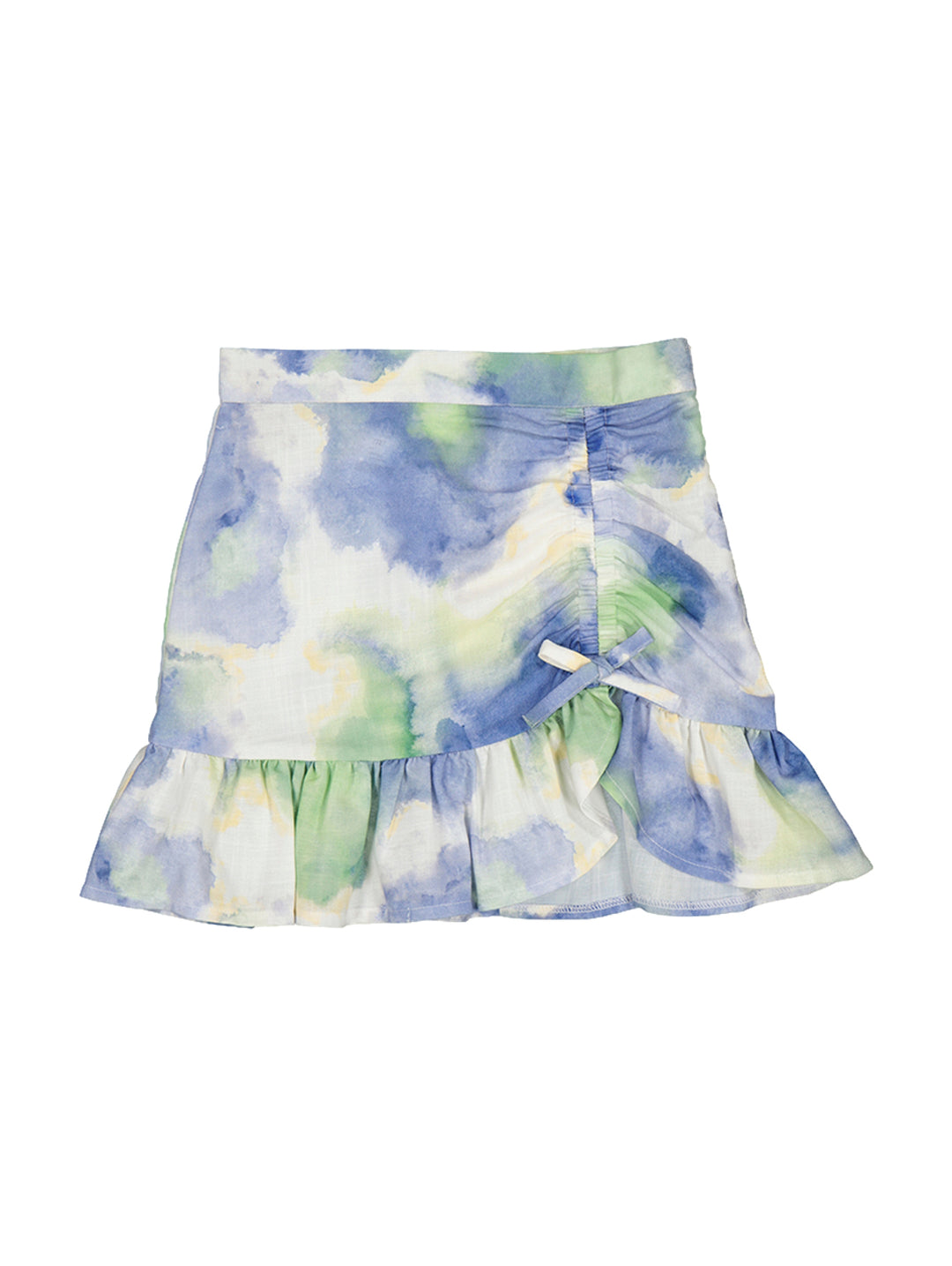 Falda para niña con estampado multicolor efecto acuarela, detalle de lazo lateral y volante en el ruedo.