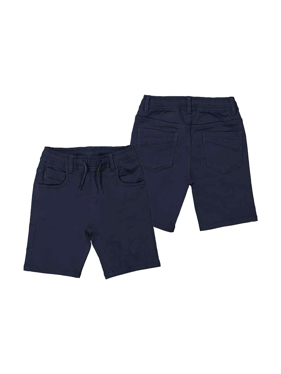 Bermuda color azul marino para niño con cintura elástica y bolsillos, vista frontal y posterior.