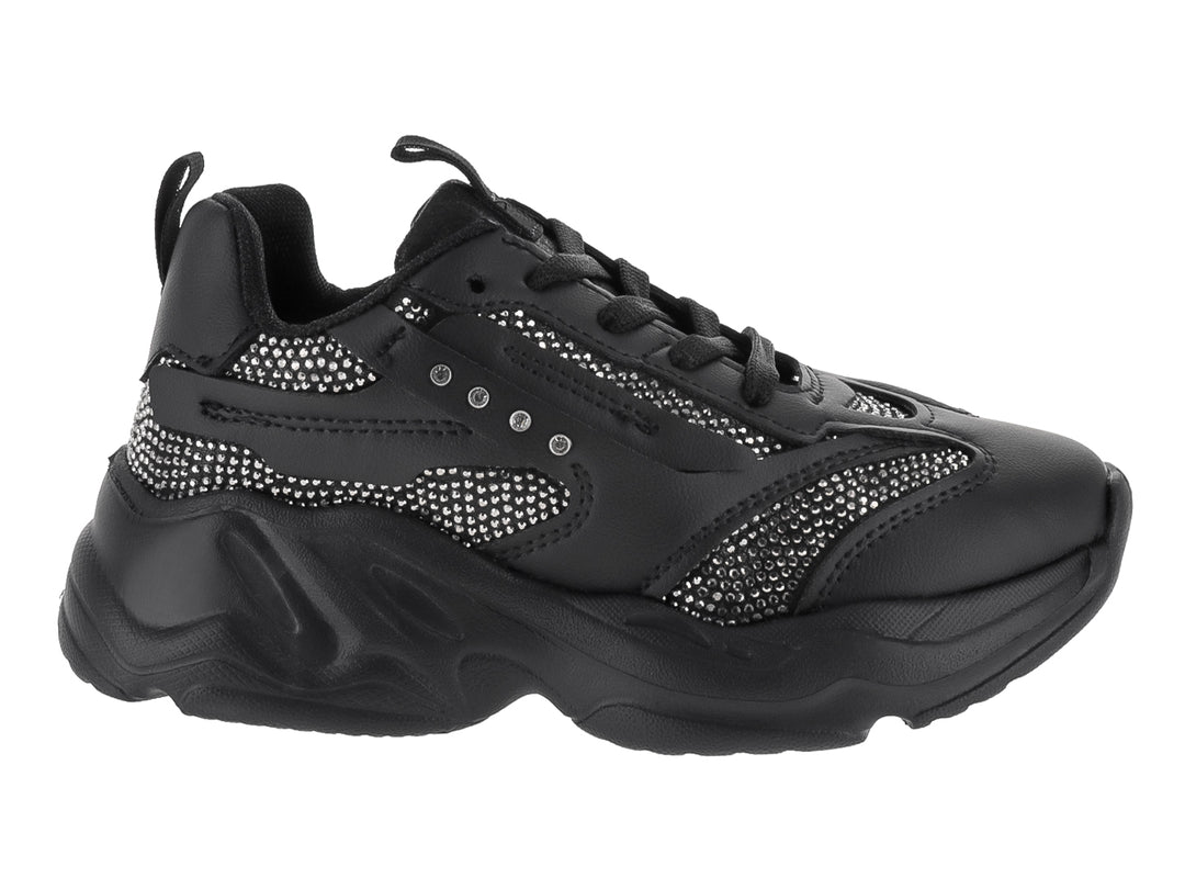 Tenis deportivos infantiles color negro con suela chunky y detalles en malla.