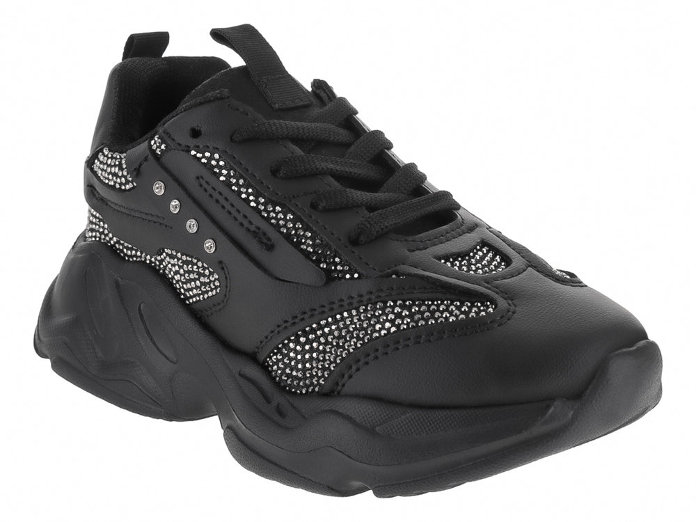 Tenis deportivos infantiles color negro con suela chunky y detalles en malla.